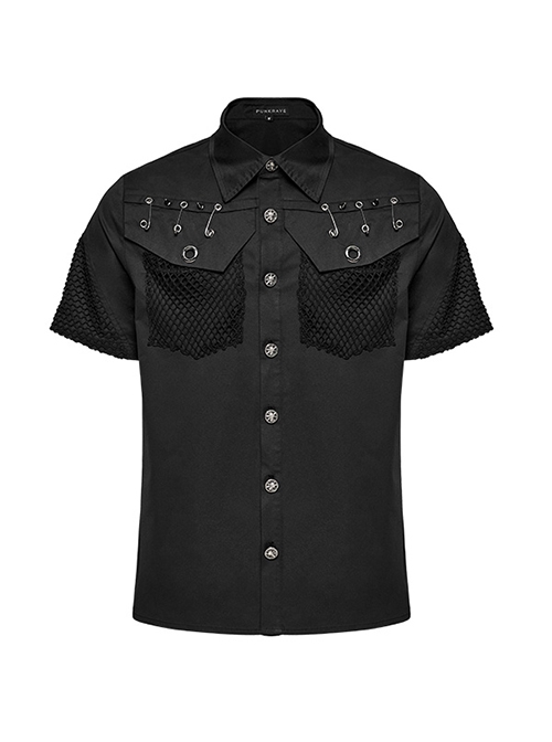 Handsome Black Micro Elastic Woven Patchwork Mesh Front Eyelet Stud Punk Style Short Sleeved Shirt
