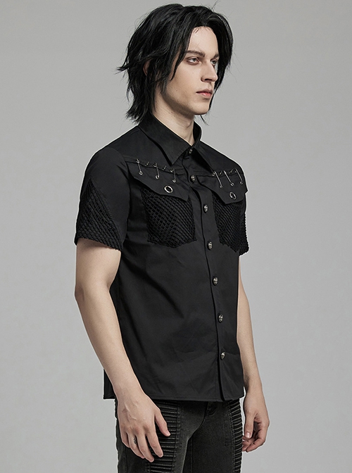 Handsome Black Micro Elastic Woven Patchwork Mesh Front Eyelet Stud Punk Style Short Sleeved Shirt