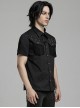 Handsome Black Micro Elastic Woven Patchwork Mesh Front Eyelet Stud Punk Style Short Sleeved Shirt