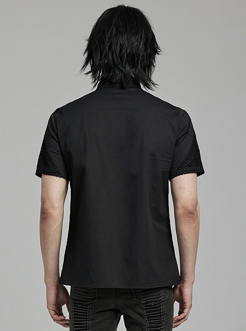 Handsome Black Micro Elastic Woven Patchwork Mesh Front Eyelet Stud Punk Style Short Sleeved Shirt