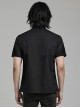 Handsome Black Micro Elastic Woven Patchwork Mesh Front Eyelet Stud Punk Style Short Sleeved Shirt