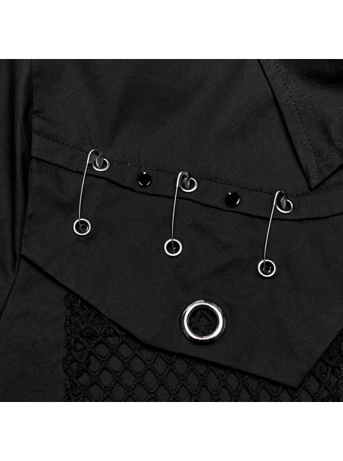 Handsome Black Micro Elastic Woven Patchwork Mesh Front Eyelet Stud Punk Style Short Sleeved Shirt