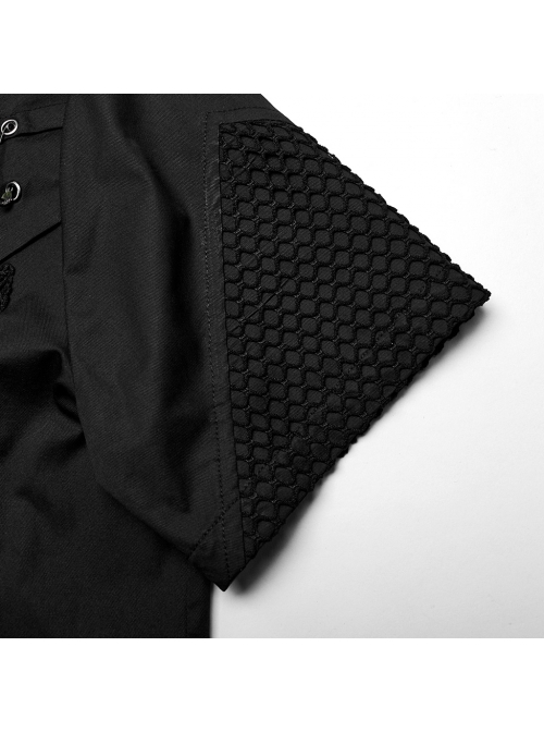 Handsome Black Micro Elastic Woven Patchwork Mesh Front Eyelet Stud Punk Style Short Sleeved Shirt