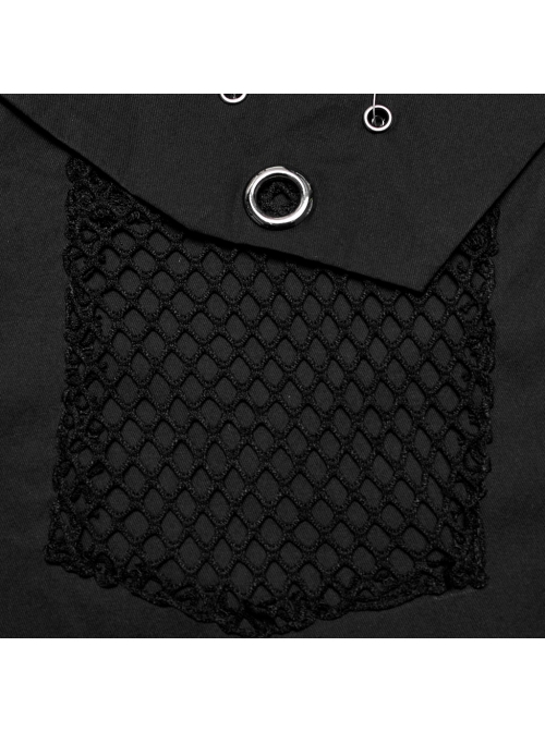 Handsome Black Micro Elastic Woven Patchwork Mesh Front Eyelet Stud Punk Style Short Sleeved Shirt