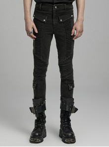 Black Simple Three Dimensional Rope Casual Punk Style Casual Trousers