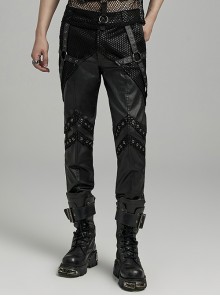 Handsome Black Elastic Taped Mesh Fabric With Metal Ring In The Middle And Cross Tab Punk Style Trousers