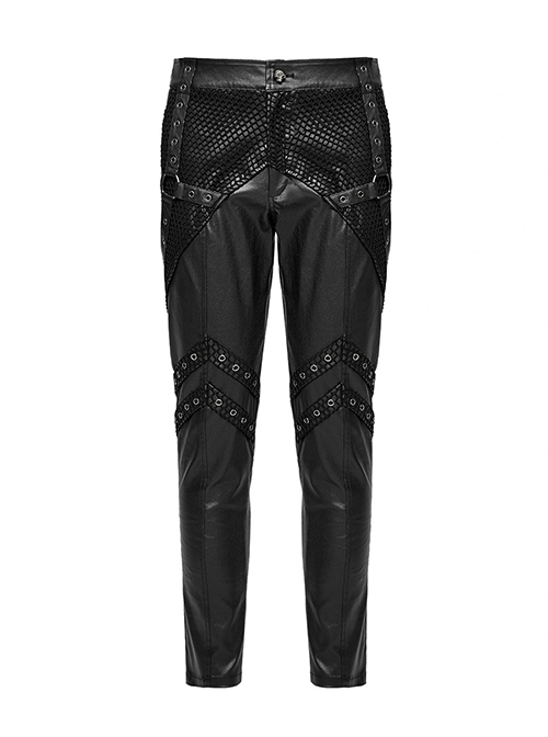 Handsome Black Elastic Taped Mesh Fabric With Metal Ring In The Middle And Cross Tab Punk Style Trousers