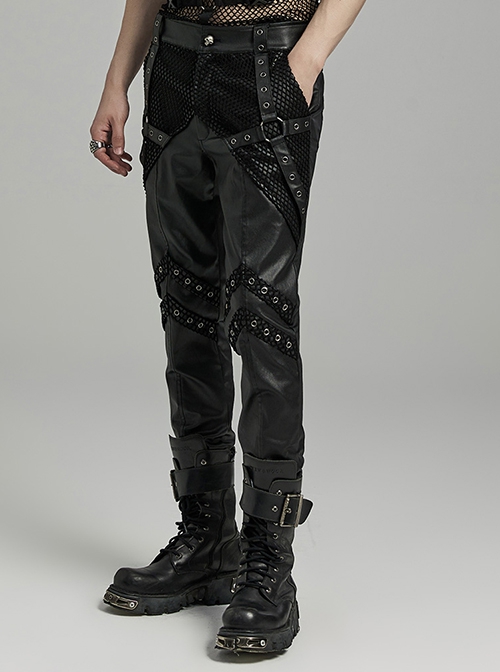 Handsome Black Elastic Taped Mesh Fabric With Metal Ring In The Middle And Cross Tab Punk Style Trousers