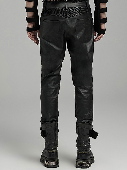 Handsome Black Elastic Taped Mesh Fabric With Metal Ring In The Middle And Cross Tab Punk Style Trousers