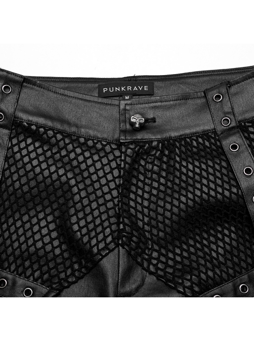 Handsome Black Elastic Taped Mesh Fabric With Metal Ring In The Middle And Cross Tab Punk Style Trousers