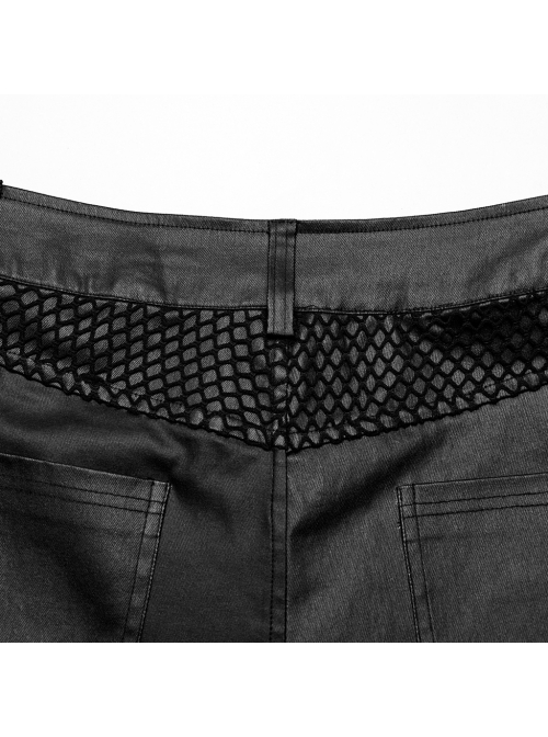 Handsome Black Elastic Taped Mesh Fabric With Metal Ring In The Middle And Cross Tab Punk Style Trousers