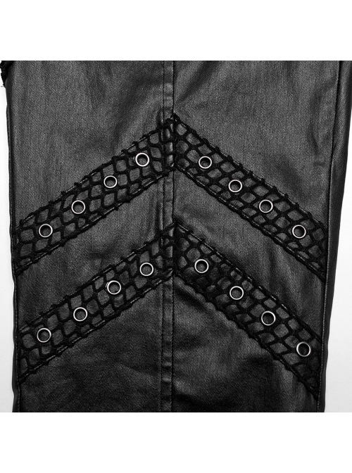Handsome Black Elastic Taped Mesh Fabric With Metal Ring In The Middle And Cross Tab Punk Style Trousers