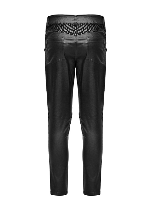 Handsome Black Elastic Taped Mesh Fabric With Metal Ring In The Middle And Cross Tab Punk Style Trousers