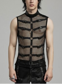 Sexy Hollow Mesh Stitching And Pressed Rubber Leather Front And Center With Metal Ring Links Punk Style Sleeveless Vest
