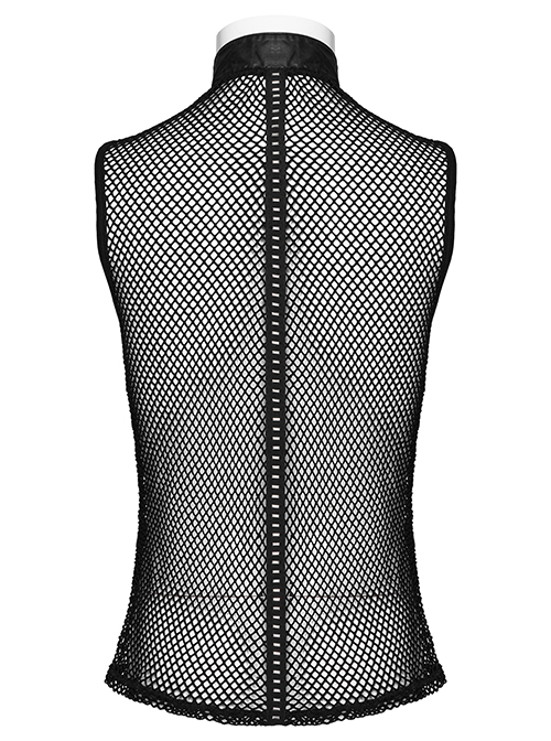 Sexy Hollow Mesh Stitching And Pressed Rubber Leather Front And Center With Metal Ring Links Punk Style Sleeveless Vest