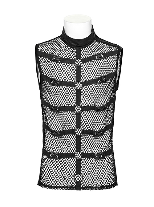 Sexy Hollow Mesh Stitching And Pressed Rubber Leather Front And Center With Metal Ring Links Punk Style Sleeveless Vest