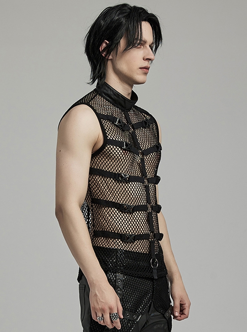 Sexy Hollow Mesh Stitching And Pressed Rubber Leather Front And Center With Metal Ring Links Punk Style Sleeveless Vest