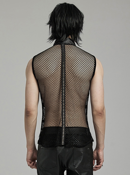 Sexy Hollow Mesh Stitching And Pressed Rubber Leather Front And Center With Metal Ring Links Punk Style Sleeveless Vest