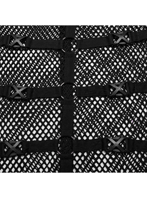 Sexy Hollow Mesh Stitching And Pressed Rubber Leather Front And Center With Metal Ring Links Punk Style Sleeveless Vest