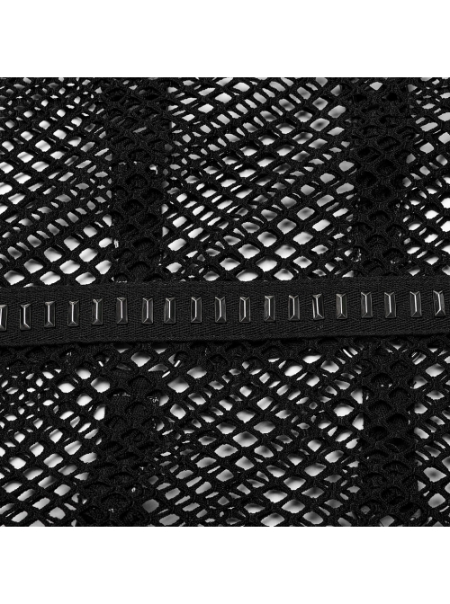 Sexy Hollow Mesh Stitching And Pressed Rubber Leather Front And Center With Metal Ring Links Punk Style Sleeveless Vest