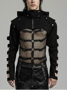 Personalized Black Micro Elastic Double Sleeved Hollow Front Center Collar Punk Style Fitted Hooded Short Jacket