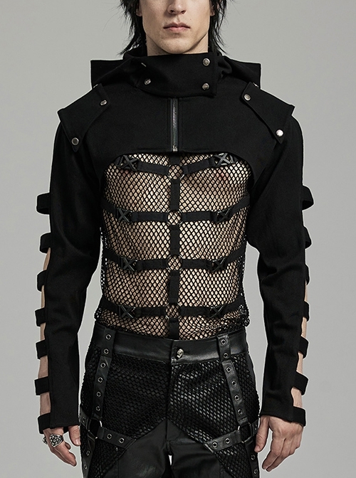 Personalized Black Micro Elastic Double Sleeved Hollow Front Center Collar Punk Style Fitted Hooded Short Jacket