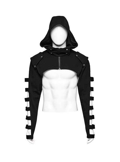 Personalized Black Micro Elastic Double Sleeved Hollow Front Center Collar Punk Style Fitted Hooded Short Jacket