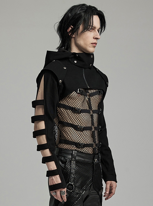Personalized Black Micro Elastic Double Sleeved Hollow Front Center Collar Punk Style Fitted Hooded Short Jacket