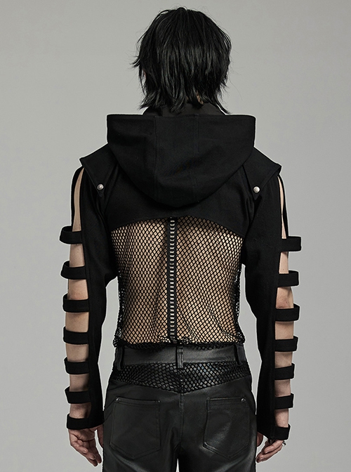 Personalized Black Micro Elastic Double Sleeved Hollow Front Center Collar Punk Style Fitted Hooded Short Jacket