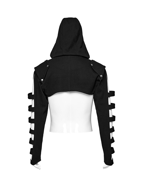 Personalized Black Micro Elastic Double Sleeved Hollow Front Center Collar Punk Style Fitted Hooded Short Jacket
