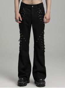 Black Micro Elastic Rubber Mid Front Hollow Mesh With Metal Studs And Side Drop Stitching Punk Style Bell Bottom Pants