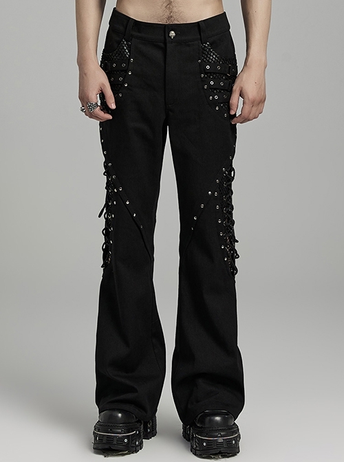 Black Micro Elastic Rubber Mid Front Hollow Mesh With Metal Studs And Side Drop Stitching Punk Style Bell Bottom Pants