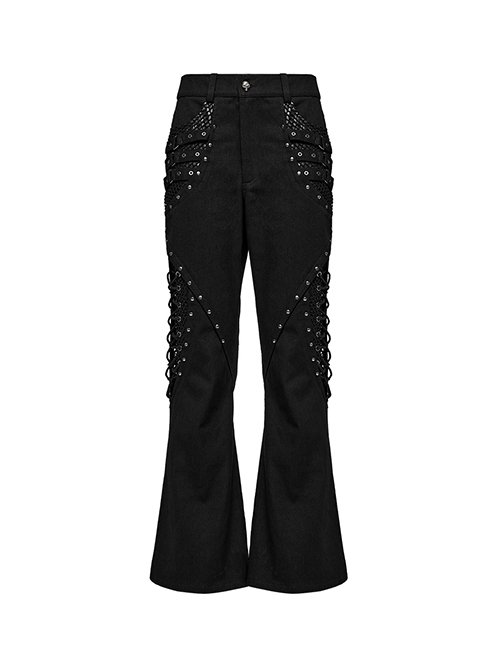 Black Micro Elastic Rubber Mid Front Hollow Mesh With Metal Studs And Side Drop Stitching Punk Style Bell Bottom Pants