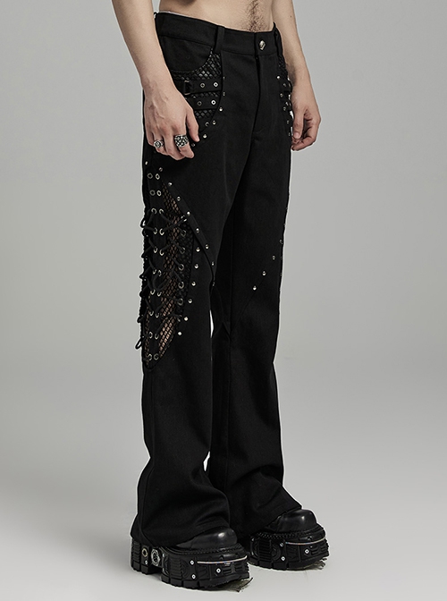 Black Micro Elastic Rubber Mid Front Hollow Mesh With Metal Studs And Side Drop Stitching Punk Style Bell Bottom Pants