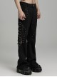 Black Micro Elastic Rubber Mid Front Hollow Mesh With Metal Studs And Side Drop Stitching Punk Style Bell Bottom Pants
