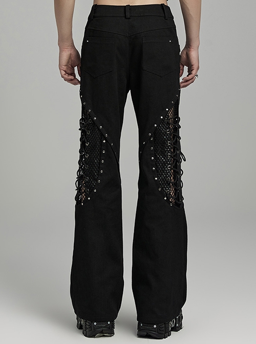 Black Micro Elastic Rubber Mid Front Hollow Mesh With Metal Studs And Side Drop Stitching Punk Style Bell Bottom Pants