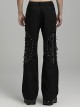 Black Micro Elastic Rubber Mid Front Hollow Mesh With Metal Studs And Side Drop Stitching Punk Style Bell Bottom Pants