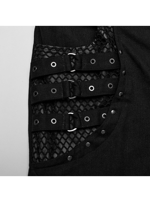 Black Micro Elastic Rubber Mid Front Hollow Mesh With Metal Studs And Side Drop Stitching Punk Style Bell Bottom Pants