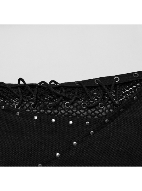 Black Micro Elastic Rubber Mid Front Hollow Mesh With Metal Studs And Side Drop Stitching Punk Style Bell Bottom Pants