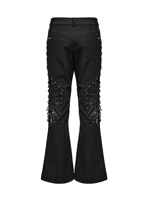 Black Micro Elastic Rubber Mid Front Hollow Mesh With Metal Studs And Side Drop Stitching Punk Style Bell Bottom Pants