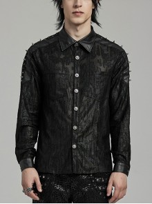 Black Micro Stretch Knit Patchwork Pressed Rubber Shoulder Metal Rivet Design Punk Style Men's Long Sleeved Shirt