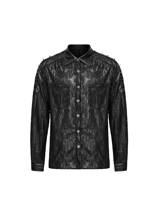 Black Micro Stretch Knit Patchwork Pressed Rubber Shoulder Metal Rivet Design Punk Style Men's Long Sleeved Shirt
