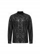 Black Micro Stretch Knit Patchwork Pressed Rubber Shoulder Metal Rivet Design Punk Style Men's Long Sleeved Shirt
