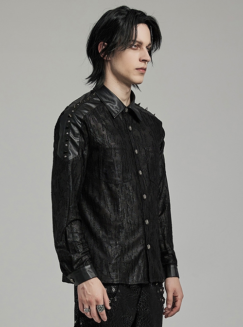Black Micro Stretch Knit Patchwork Pressed Rubber Shoulder Metal Rivet Design Punk Style Men's Long Sleeved Shirt
