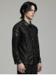 Black Micro Stretch Knit Patchwork Pressed Rubber Shoulder Metal Rivet Design Punk Style Men's Long Sleeved Shirt
