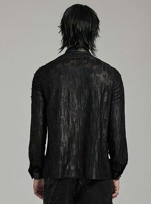 Black Micro Stretch Knit Patchwork Pressed Rubber Shoulder Metal Rivet Design Punk Style Men's Long Sleeved Shirt