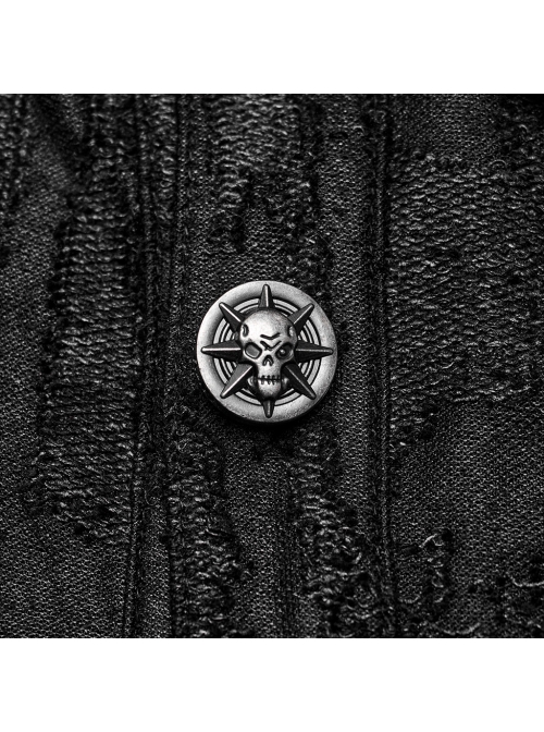 Black Micro Stretch Knit Patchwork Pressed Rubber Shoulder Metal Rivet Design Punk Style Men's Long Sleeved Shirt