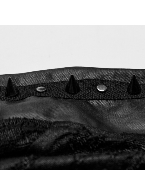 Black Micro Stretch Knit Patchwork Pressed Rubber Shoulder Metal Rivet Design Punk Style Men's Long Sleeved Shirt