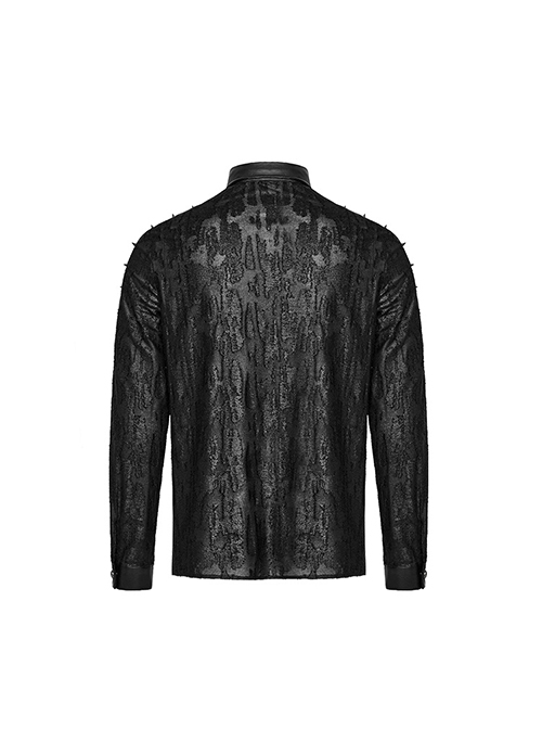 Black Micro Stretch Knit Patchwork Pressed Rubber Shoulder Metal Rivet Design Punk Style Men's Long Sleeved Shirt
