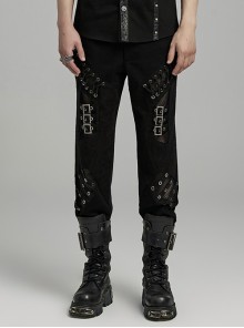 Irregular Black Micro Elastic Twill Splicing Mesh Fabric Eyelet Rope Decoration Punk Style Hollow Splicing Trousers